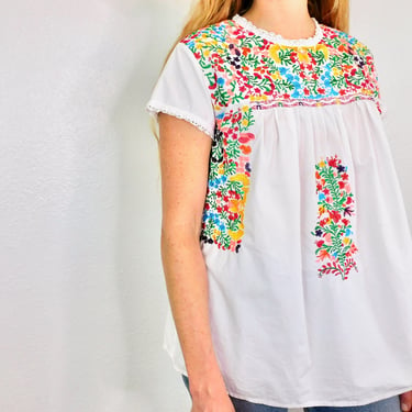 Oaxacan Blouse // cotton boho hippie Mexican embroidered dress hippy rainbow dress white // S/M 