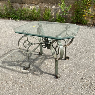 Patio Side Table with Ornate Base and Beveled Glass Top (2 Available)