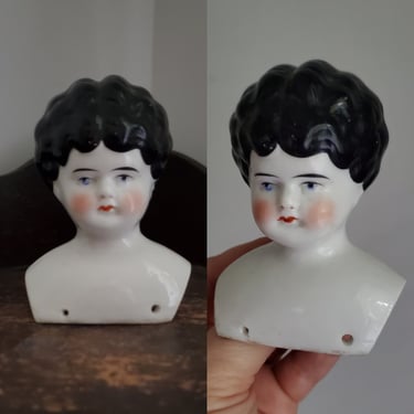 Antique Low Brow China Doll Head with Painted Black Hair - 3" Tall - Antique German Dolls - Collectible Dolls - Doll Parts 
