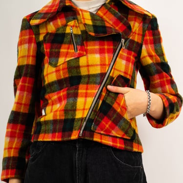 1960's / 1970's Red Yellow and Green Plaid Moto Jacket SPRING