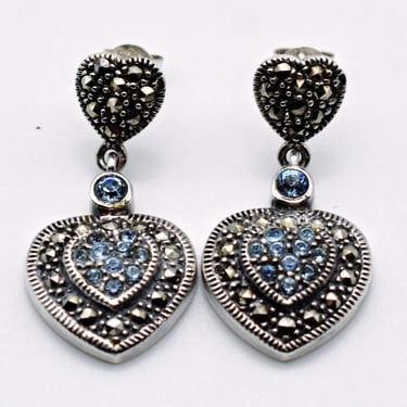 60's 925 silver marcasite blue crystal heart stud dangles, sterling pyrite sweetheart earrings 