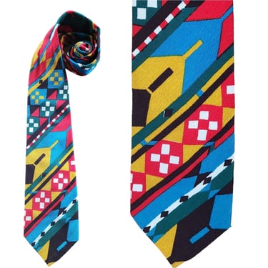 Vintage 60s Mens Tie Colorful Barkcloth MCM Print Geometric 