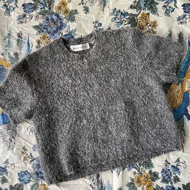 Vintage Anne Klein gray wool & mohair cropped sweater | Italian curly boucle wool, short sleeve, ‘90s aesthetic, S 