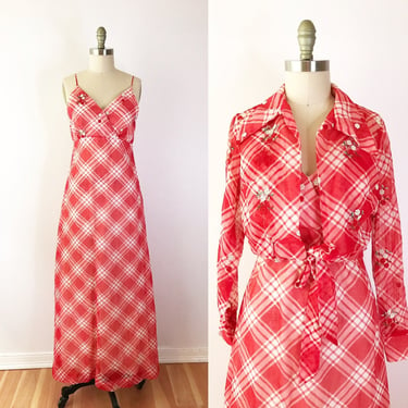 SIZE XS 1970s Gingham Maxi Dress / 70s Red Picnic Long Maxi Dress / Embroidered Garden Long Sleeve 2 Piece Set 