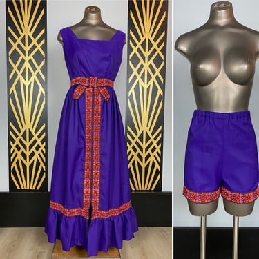 1960s maxi dress, zip front, purple crepe, vintage 60s dress, mod 2 piece, dress with shorts, small, ruffled, hot shorts, statement, 26 