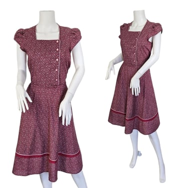 Byer Too 1970's Burgundy Calico Cotton Ditsy Print Prairie Dress I Sz Med I Cottagecore 