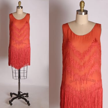 1920s Dark Tomato Red Pink Sleeveless Fringe Hem Flapper Dress 