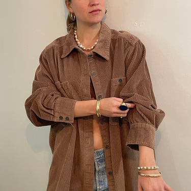 90s corduroy over shirt / vintage oversized tobacco brown wide wale cotton corduroy boyfriend pocket over shirt shacket | Extra Large 