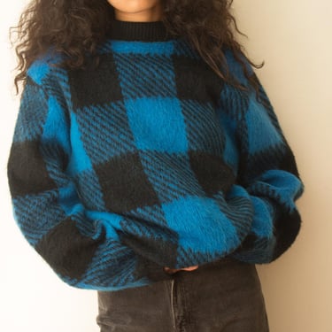 1960s Shaggy Faux Mohair Checkered Knit Pullover 