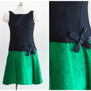 Vintage 1960s Green and Black Dress | Drop Waist, Sleeveless 