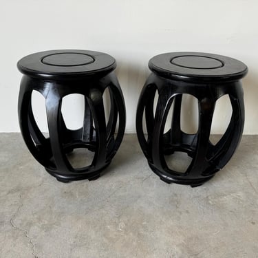 Vintage Chinese Asian  Black Ebonized  Drum Shaped  Stools - A Pair 