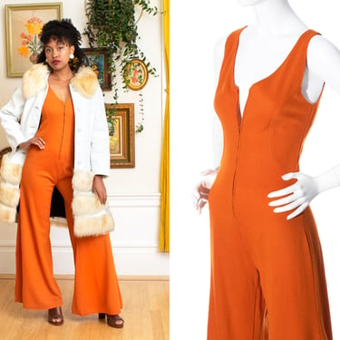 Vintage 1970s Jumpsuit | 70s Orange Jersey Knit Bell Bottoms Wide Flared Legs Zip Up Disco Jumpsuit (x-small/small) 