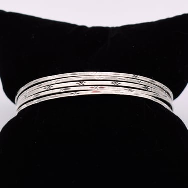 Thin 80's textured 925 silver bangle set, five edgy etched sterling stars and bars boho bracelets 