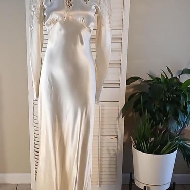 1920s/30s Liquid Satin White Silk / Cotton Lace Wedding Gown / Bias Cut 