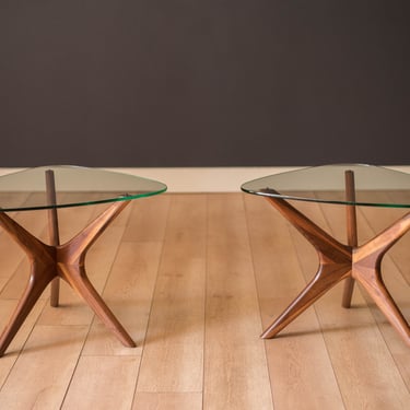 Vintage Pair of Solid Walnut and Glass Jacks End Tables by Adrian Pearsall 