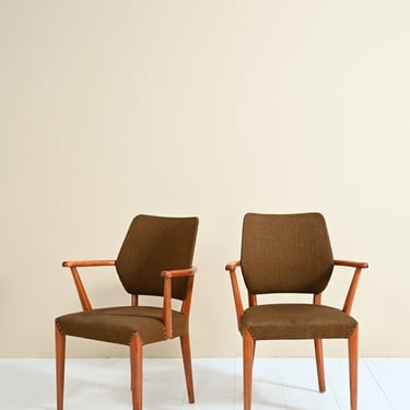 MidCentury Teak and Leather Armchair Set, Original Scandinavian Design, Vintage 50s 60s 