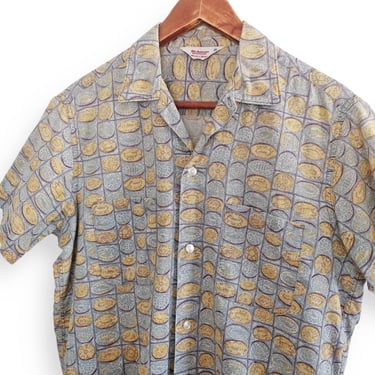 60s button up / short sleeve shirt / 1960s coin pattern tiki block print short sleeve cotton button up shirt Medium 
