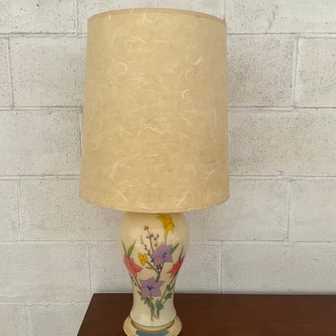 Floral Glass 80s Lamp with Pressed Paper Shade