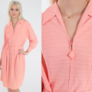 70s Midi Dress Pink Striped Shift Dress Mod Zip Up Collared Long Sleeve Belt Secretary Dress 60s Knee Length Preppy Vintage 1970s Medium M 