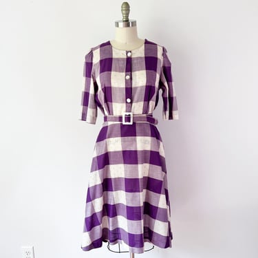 SIZE L 1960s Plaid Cotton Day Dress / 60s Purple Plaid Dress / Vintage Flecked Cotton Shirt Dress 