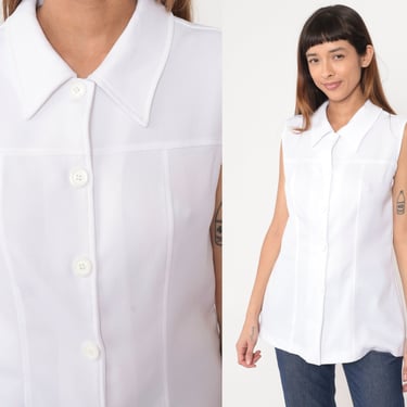 90s Tank Top White Collared Shirt 1990s Sleeveless Blouse Button Up Shirt Princess Seam Top Plain Tailored Vintage Small Medium 