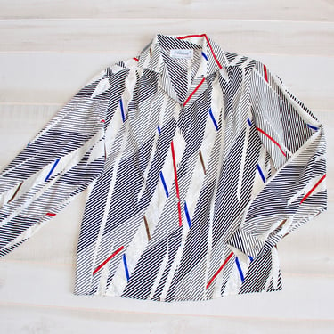 Vintage 80s Geometric Satin Blouse, 1980s Abstract Blouse, Striped, Secretary Blouse, Top, Shirt, Collar, Button Down, Puff Sleeves 