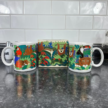 Vintage Tropical Rain forest 12oz Gold Leaf Coffee Mug Set, The Grand Effect Rainforest Mug, Gold leaf, Parrot, Toucan, Sloth, Monkey, Tiger 