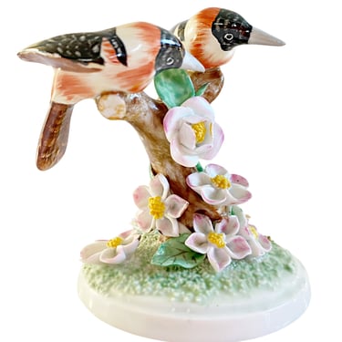 Herend porcelain bird figurine, Blackbirds on figural flowers, Natural colors, Cottagecore shelf decor sculpture 