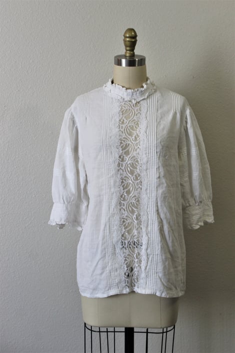 Vintage Linen Blouse / Vintage 80s White Linen Lace High Collar Button Back Blouse Victorian Style Shirt | Modern 4 6 8 s med 