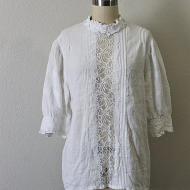 Vintage Linen Blouse / Vintage 80s White Linen Lace High Collar Button Back Blouse Victorian Style Shirt | Modern 4 6 8 s med 