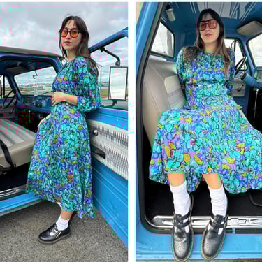 80s Vibrant Floral Print Flirty lightweight Midi Dress green Pink S M 