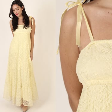 All Over Lace Shoulder Tie Wedding Dress, Vintage 1970s Long Yellow High Waist Bridal Maxi 