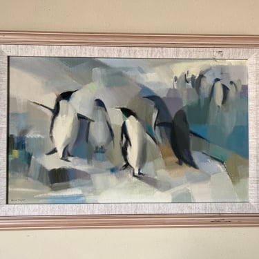 70's Anne Taylor Impressionist Pinguins Landscape Oil on Canvas Painting 