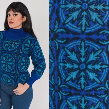 Blue Snowflake Sweater 60s Wool Pullover Knit Turtleneck Sweater Retro Geometric Tile Print Jumper Turtle Neck Vintage 1960s Extra Small xs 