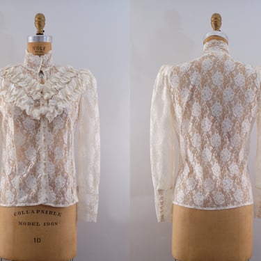 70s Victorian Sheer Lace Blouse | Floral Lace, Ruffled Bodice, Pearly Buttons | Alyce, Fifth Avenue | Medium 