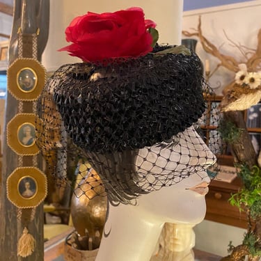 1950s pillbox hat, red rose, vintage millinery, black straw, hat with veil, flower hat, mrs maisel, rockabiily, mid century 