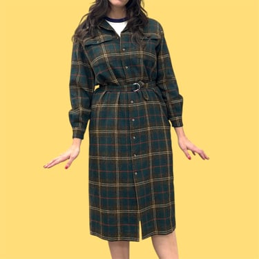 Vintage Wool Shirt Dress Retro 1980s Lands End + Size 10 + Plaid + Hunter Green + Flannel Button Down + Suede Elbow Patches + Womens Fashion 