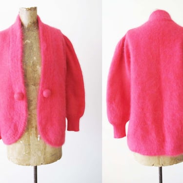 Vintage 80s Hot Pink Angora Cardigan - Womens Soft Fuzzy Vintage Sweater - Open Front - 1980s Clothing 