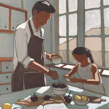 Family #26 - Original Acrylic Painting on Canvas 16 x 20 man, cooking, dining, city, cityscape, fine art, interior, michael van, grey 