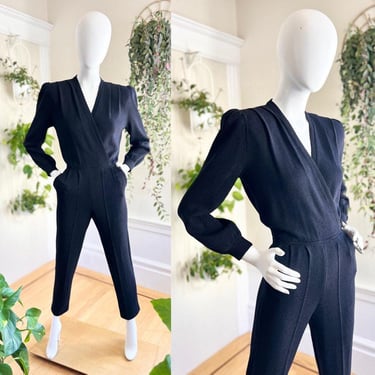 Vintage 1980s Jumpsuit | 80s ST. JOHN Black Knit Wool Designer One Piece Long Sleeve Fall Winter Minimalist Outfit | x-small/small 