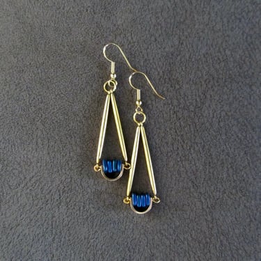 Gold pendulum earrings, royal blue 