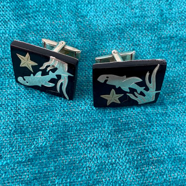 1950's Sea Life Cuff Link Set - Inlay Images of Sharks, Star Fish & Seaweed - Sterling Silver Set in Black Resin - Handmade - TAXCO Mexico 