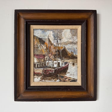 1975 Vintage Jerry Cox  Boat-Harbor Oil Painting, Framed 