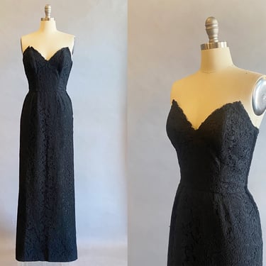 1950s Black Strapless Dress / 1950's Evening Gown / Miss America Dress / Movie Star Dress / Pageant Gown / Size XS - Small 