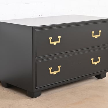 Henredon Hollywood Regency Black Lacquered Campaign Chest of Drawers, Newly Refinished