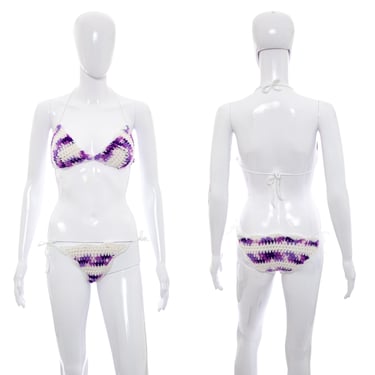 1970's Purple and White Crocheted Bikini Size XS