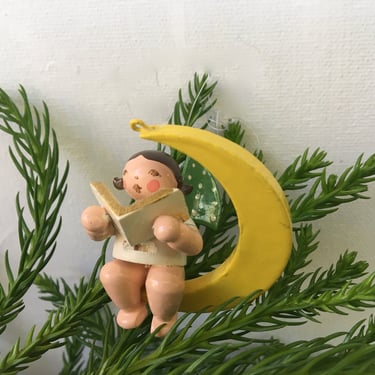 Vintage Wendt And Kuhn Angel On Crescent Moon Ornament, Christmas Ornament, German, Erzgebirge, Read Entire Description See All Photos 