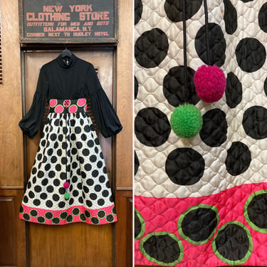 Vintage 1960’s Mod Polka Dot Pom Pom Black Pink Princess Sleeve Maxi Dress, Vintage 1960’s Dress, Mod Maxi Dress, Polka Dot Dress 