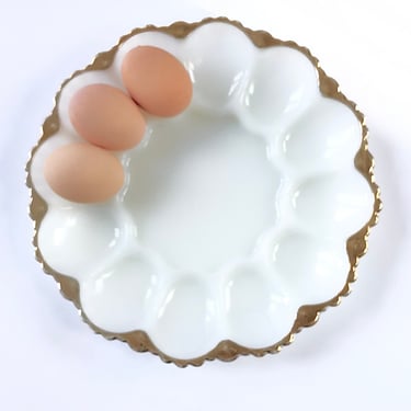 Vintage Milk Glass Egg Platter, Easter Egg Dish, Deviled Egg Plate, White Round Hors D'oeuvre Serving Tray, Easter Egg Platter, Gold Trim 