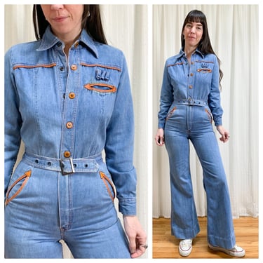 70s Faded Glory light wash denim jumpsuit with leather 